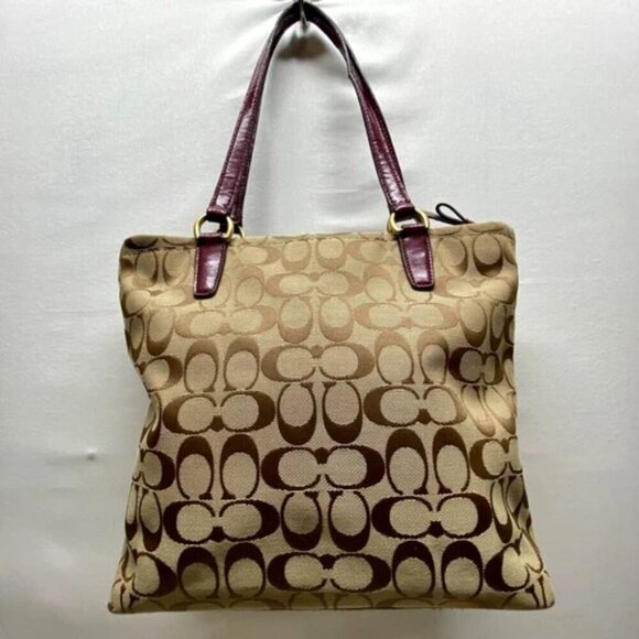 Coach Signature Stripe Shoulder Bag F28504 Patent Leather Trim Tan Raspberry GUC - Picture 2 of 16